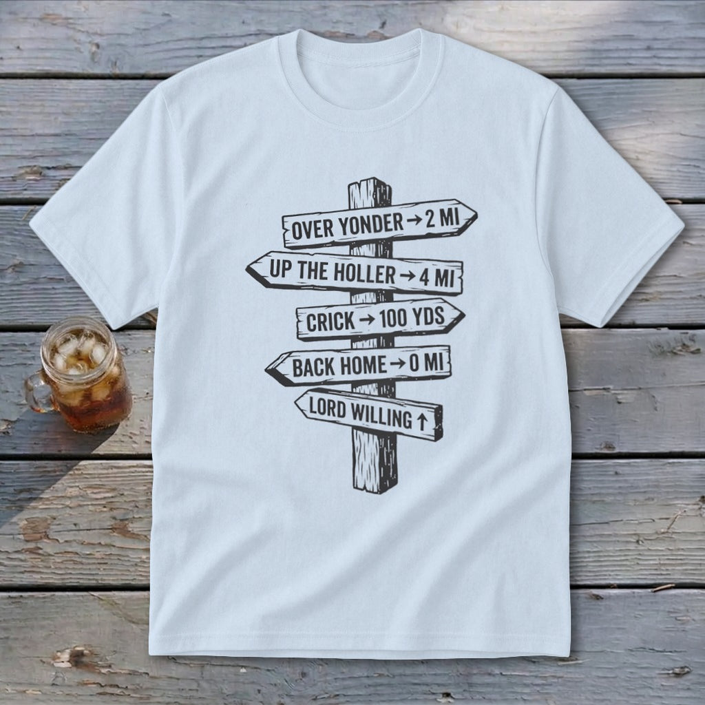 A light blue crewneck t-shirt featuring a black graphic of a rustic wooden signpost with directional text.