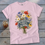 Pink t-shirt with a bouquet of flowers and "Decoration Day Blooms" text.