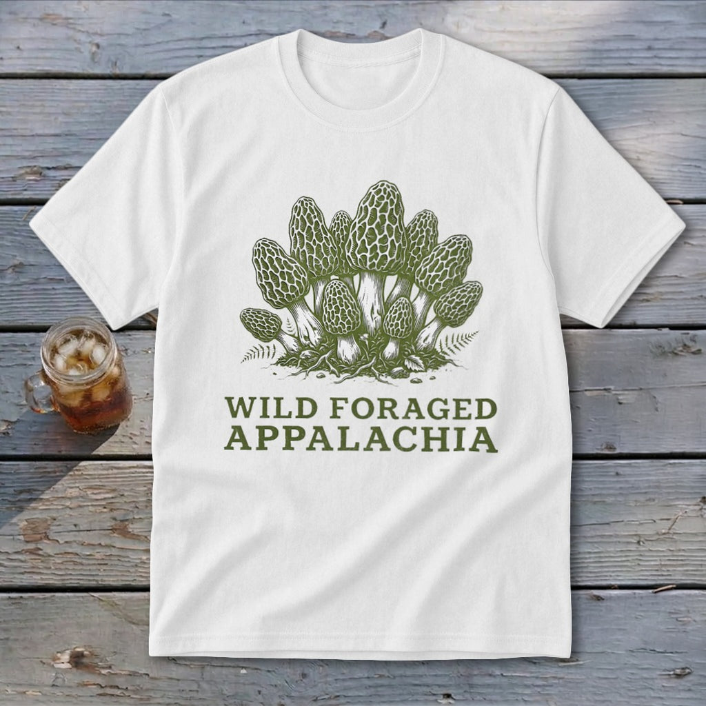 White t-shirt with "Wild Foraged Appalachia" text and morel mushroom illustration.