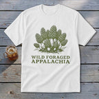 White t-shirt with "Wild Foraged Appalachia" text and morel mushroom illustration.