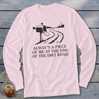 Pink long sleeve shirt with a mailbox and dirt road graphic and text.