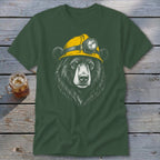 Green t-shirt with a detailed illustration of a black bear wearing a yellow hard hat with a headlamp.