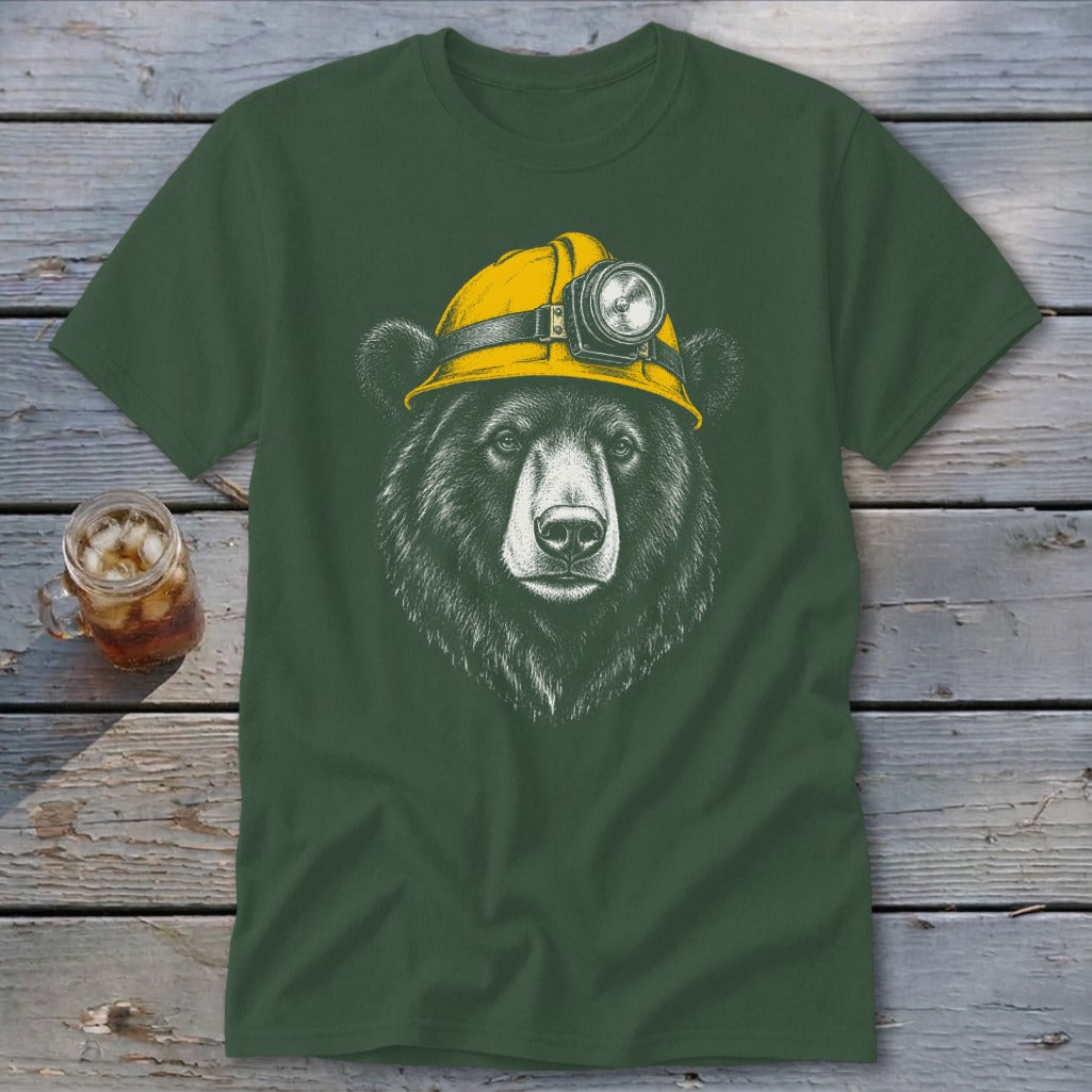 Green t-shirt with a detailed illustration of a black bear wearing a yellow hard hat with a headlamp.