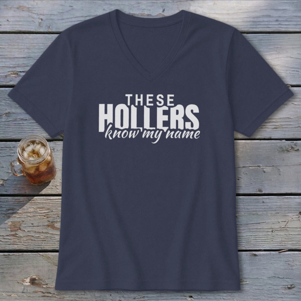 Navy v-neck t-shirt with white text that reads "THESE HOLLERS know my name".