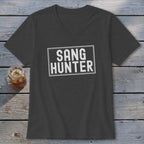 Dark grey v-neck t-shirt with "SANG HUNTER" text in a white rectangle.