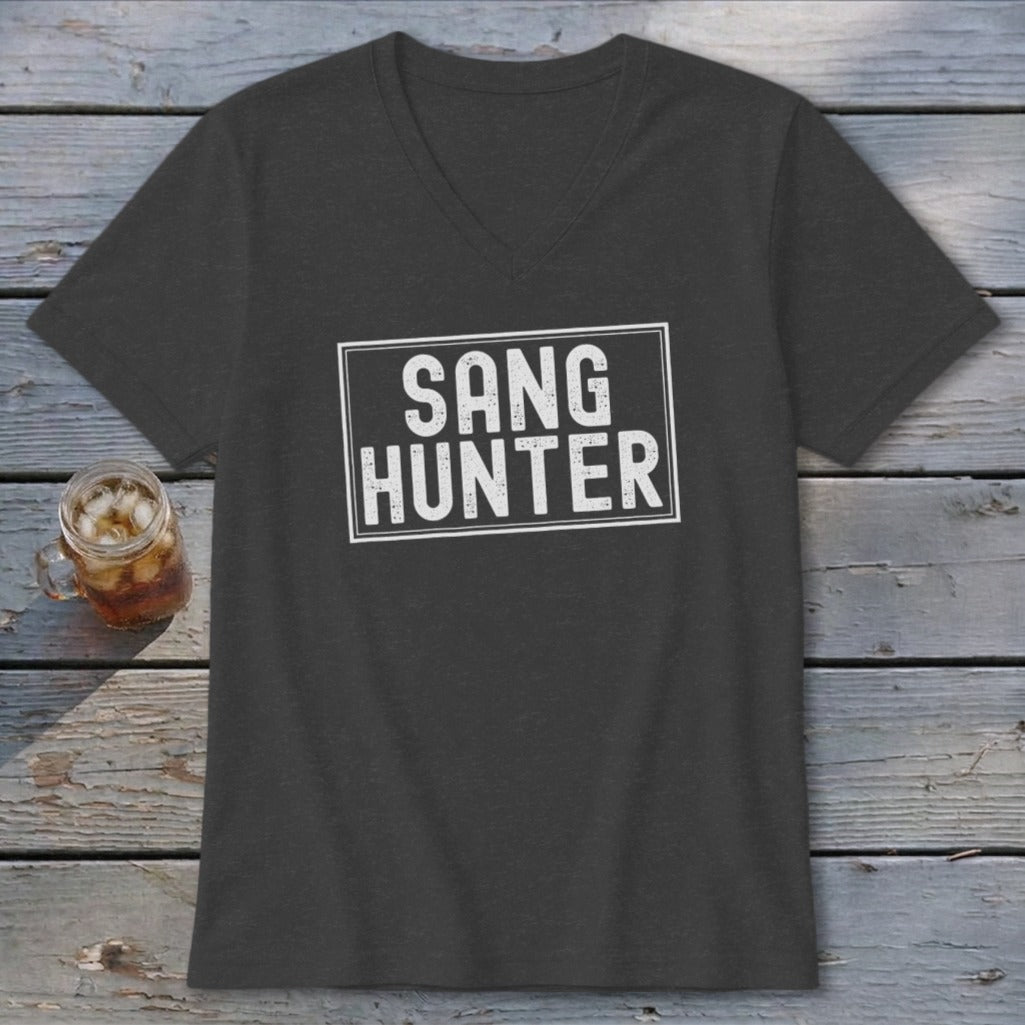 Dark grey v-neck t-shirt with "SANG HUNTER" text in a white rectangle.