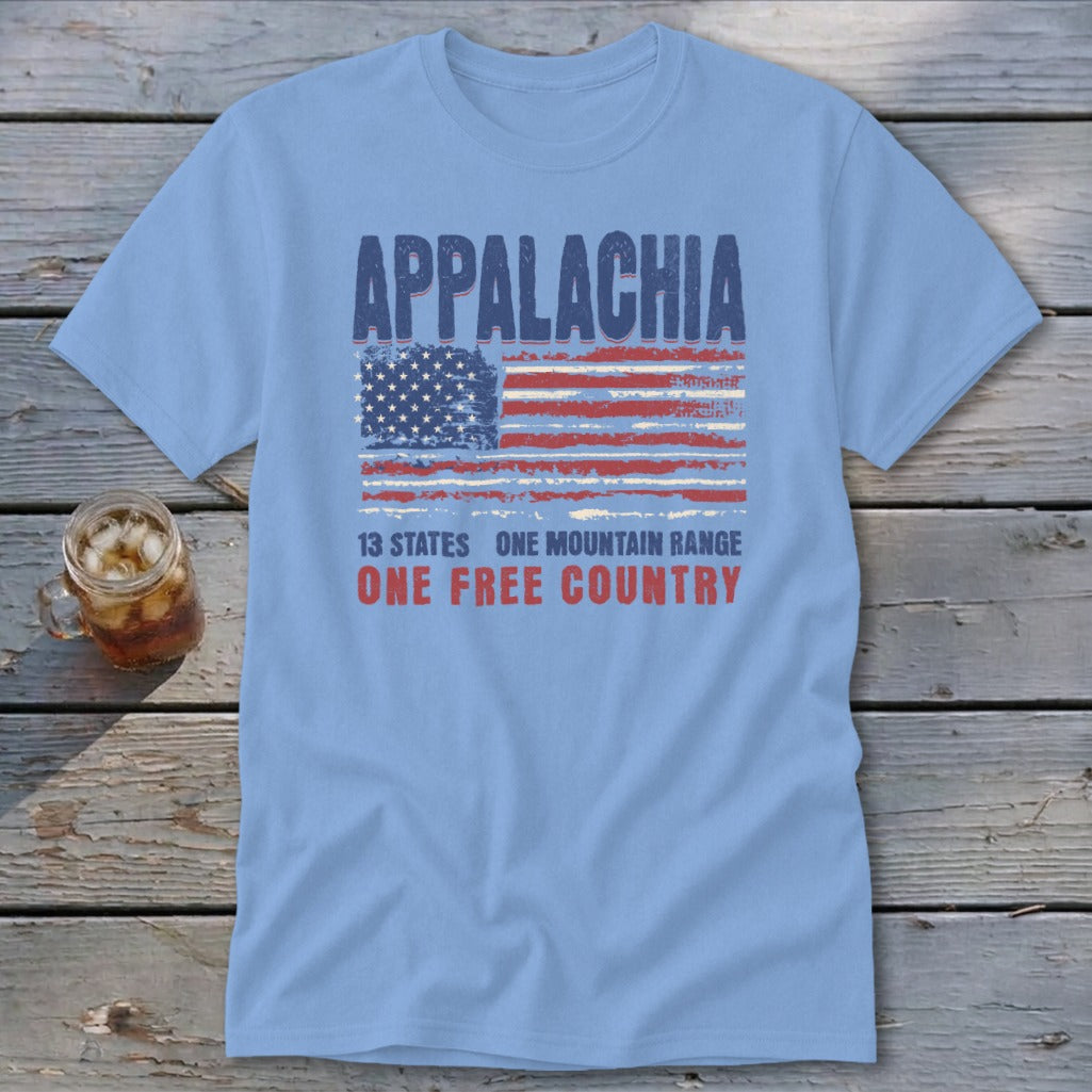 Light blue t-shirt featuring distressed text reading APPALACHIA above an American flag and the phrase 13 STATES ONE MOUNTAIN RANGE ONE FREE COUNTRY.