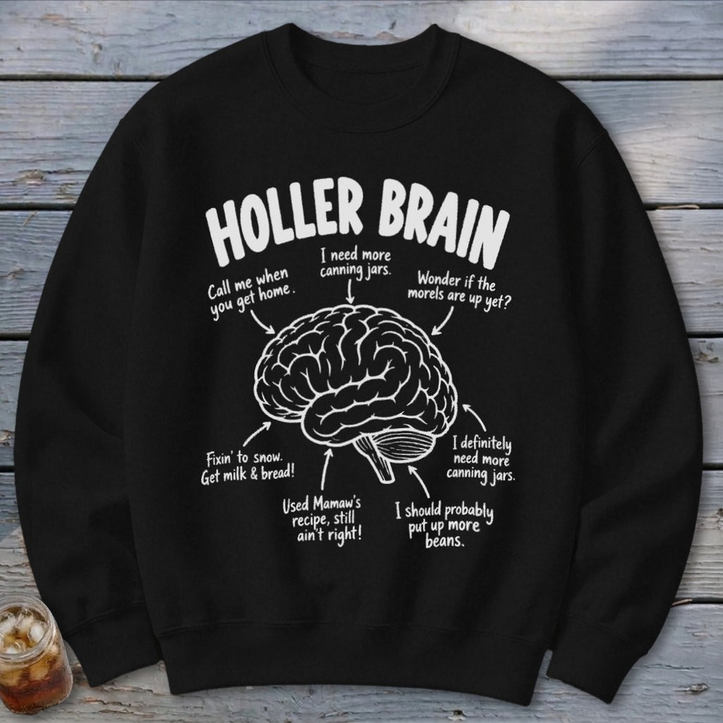 Black sweatshirt with "HOLLER BRAIN" text and a diagram of a brain with humorous captions.
