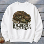White sweatshirt with a hellbender salamander on rocks and "HELLBENDER HOLLER" text.