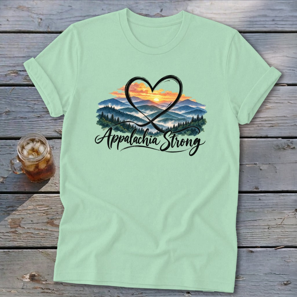 Light green t-shirt with a heart over mountains and "Appalachia Strong" text.