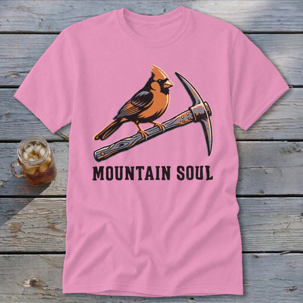 Pink t-shirt with cardinal on pickaxe and "MOUNTAIN SOUL" text.