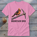 Pink t-shirt with cardinal on pickaxe and "MOUNTAIN SOUL" text.