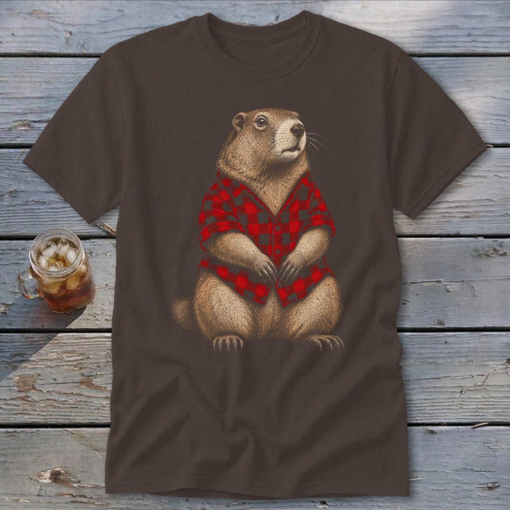 Groundhog wearing a red and black plaid shirt, front view, on brown t-shirt.