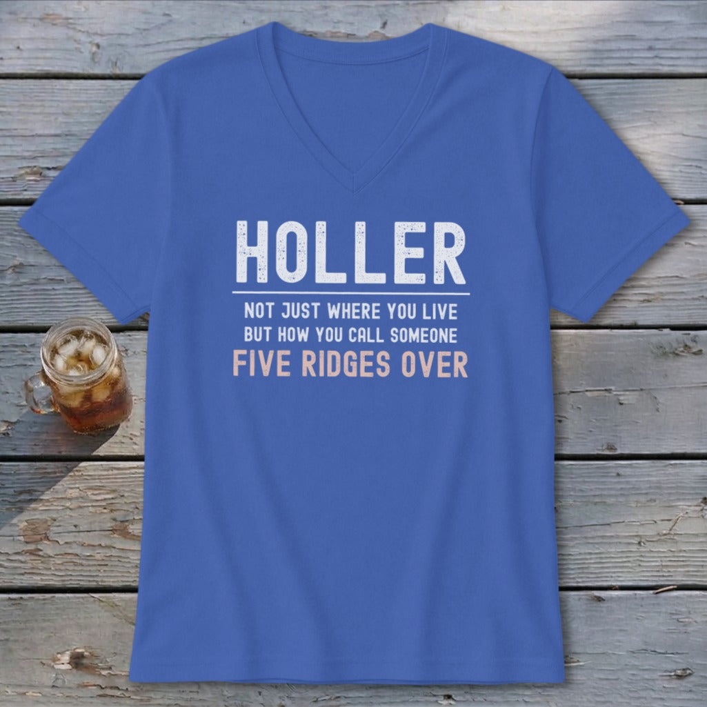 Blue v-neck t-shirt with "Holler" and text about calling someone five ridges over.