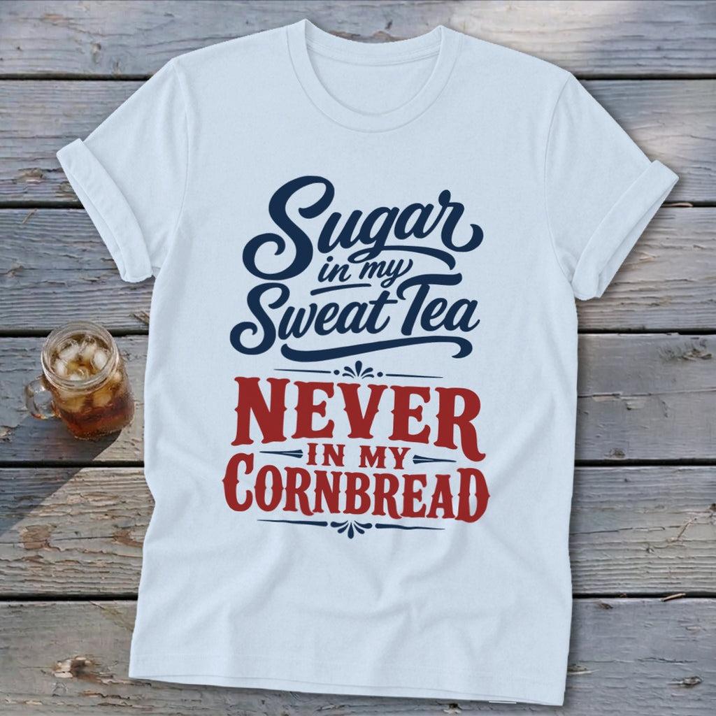A white crewneck t-shirt with rolled sleeves featuring blue and red graphic text that reads Sugar in my Sweat Tea NEVER IN MY CORNBREAD laid flat on a rustic wooden background next to a glass of iced tea.