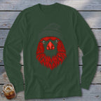 Dark green long-sleeve shirt with embroidered red bird head wearing a gray beanie.