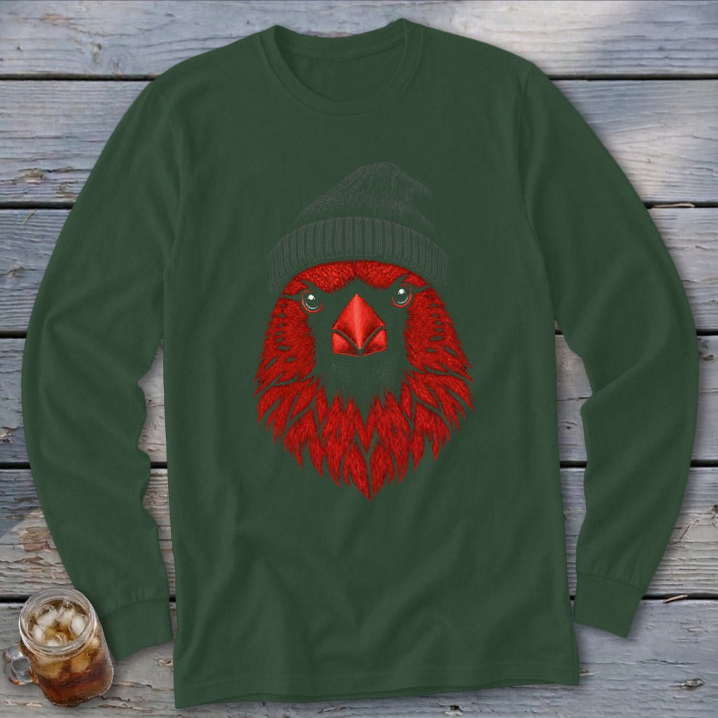 Dark green long-sleeve shirt with embroidered red bird head wearing a gray beanie.