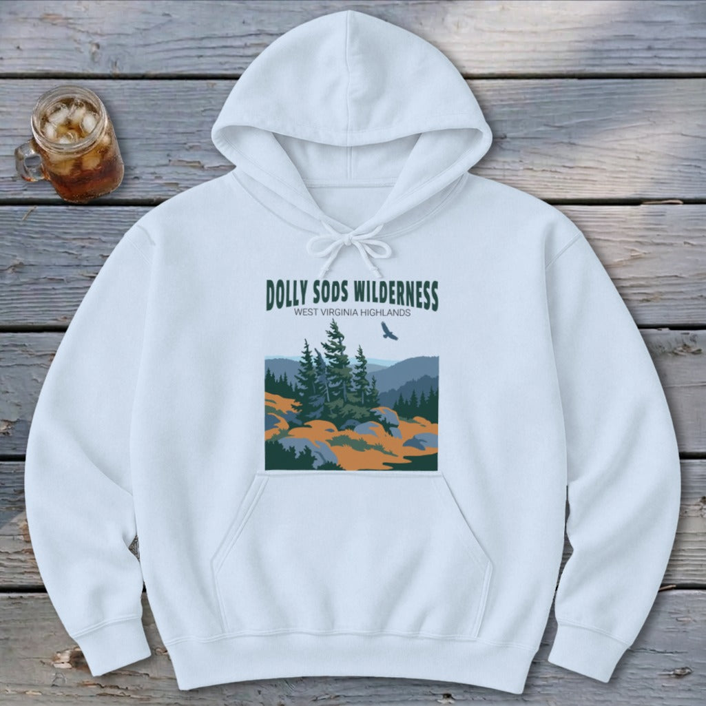 A white hooded sweatshirt featuring a green graphic of Dolly Sods Wilderness, West Virginia Highlands.