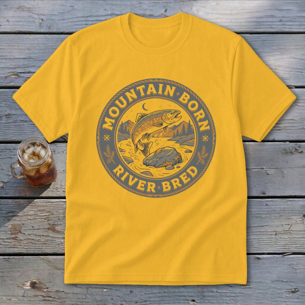Yellow t-shirt with "Mountain Born River Bred" circular graphic featuring a jumping trout.