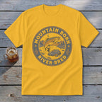 Yellow t-shirt with "Mountain Born River Bred" circular graphic featuring a jumping trout.