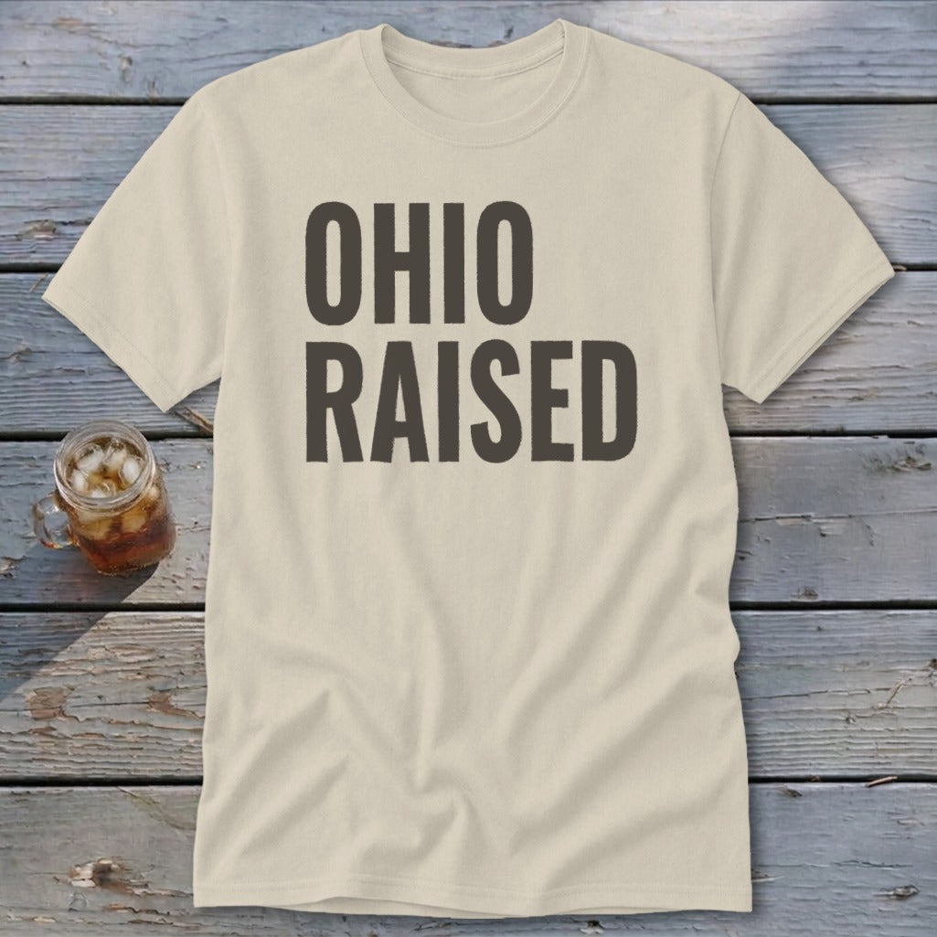 Light tan t-shirt with "OHIO RAISED" in large dark gray text.