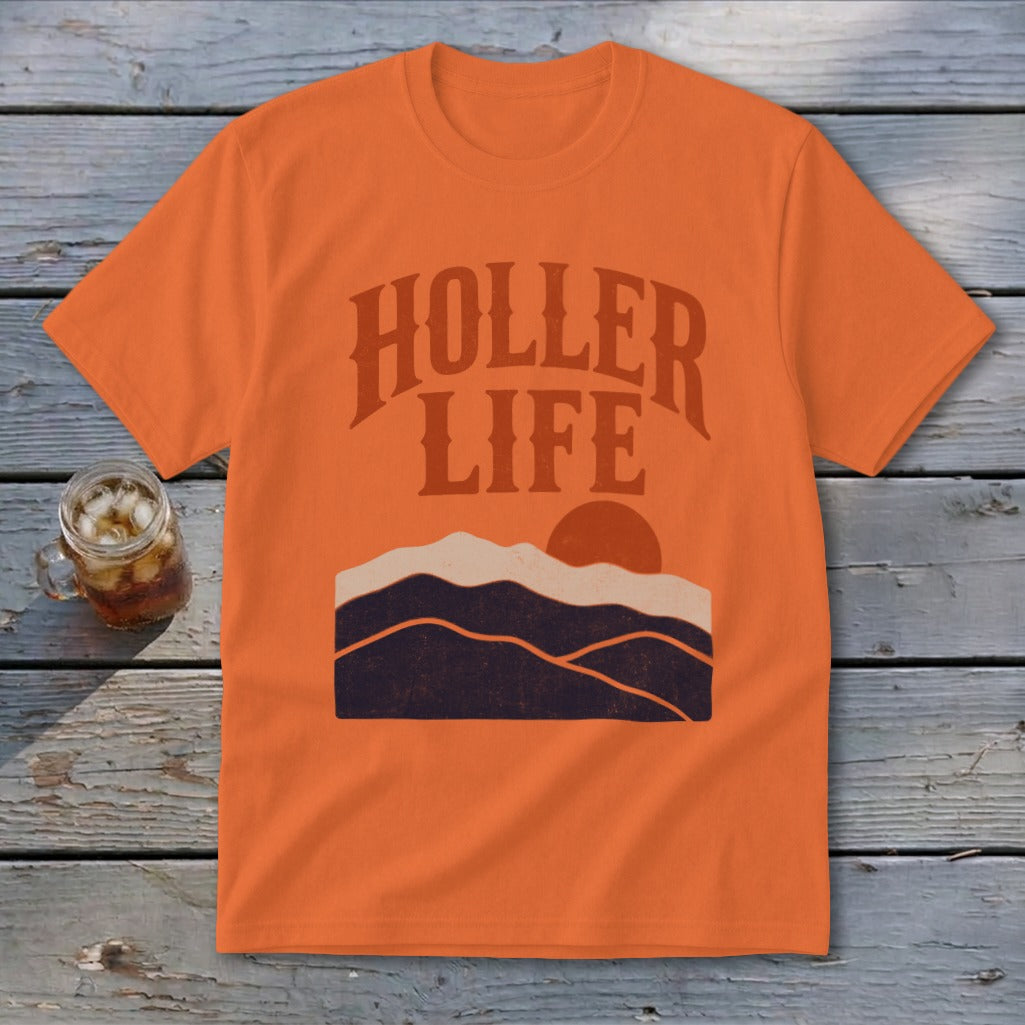 Bright orange t-shirt featuring a distressed mountain graphic and the text HOLLER LIFE.