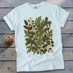 White t-shirt with a vintage botanical illustration of holly, pine, and berries.