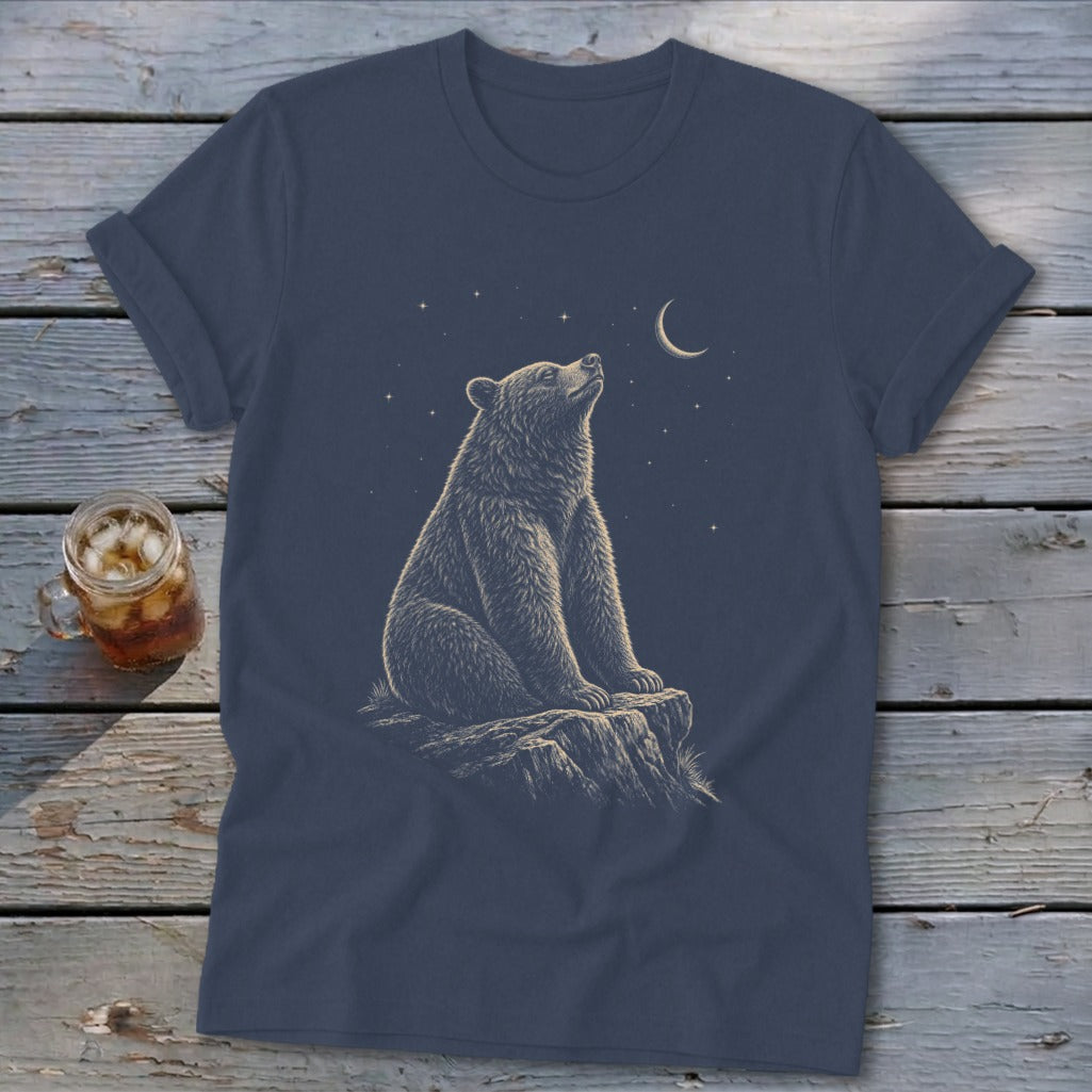 Bear sitting on a rock under a starry night sky with a crescent moon.