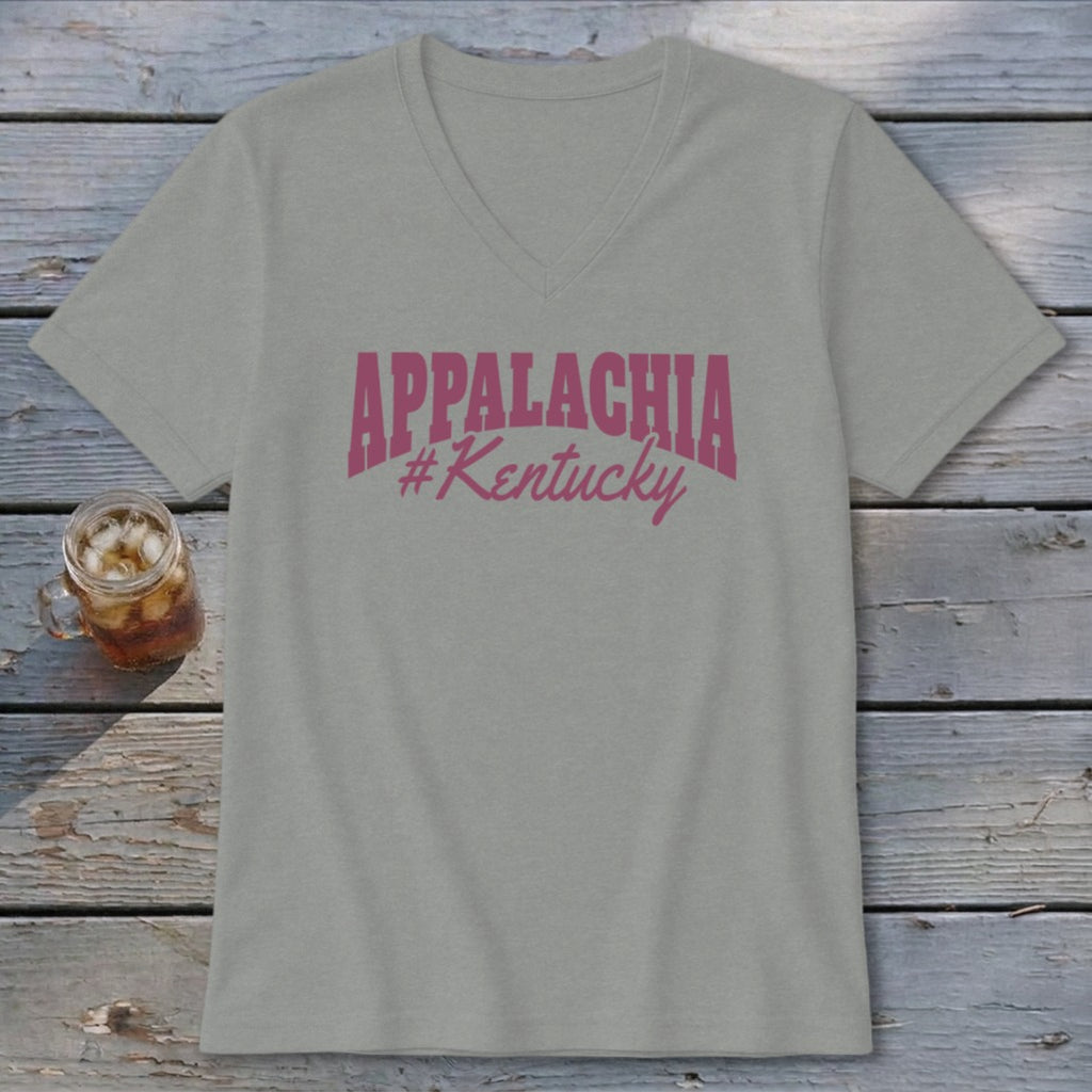 Gray v-neck t-shirt with pink "APPALACHIA #Kentucky" text and a glass of iced tea.