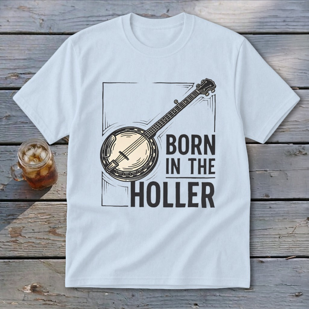 Light blue t-shirt with "BORN IN THE HOLLER" and banjo graphic.