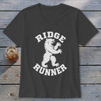 Dark gray v-neck t-shirt with white "RIDGE RUNNER" text and bear graphic.