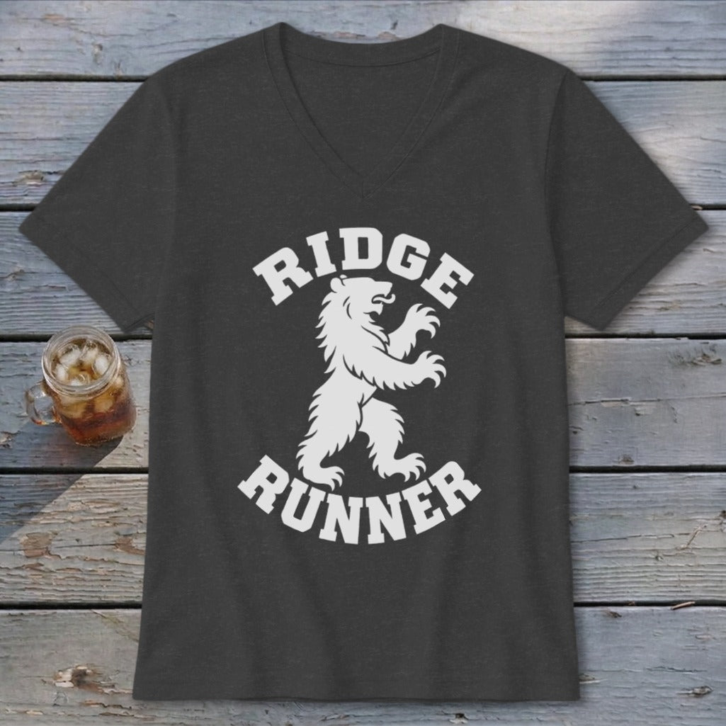 Dark gray v-neck t-shirt with white "RIDGE RUNNER" text and bear graphic.