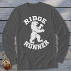 Charcoal long-sleeve shirt with white "RIDGE RUNNER" text and bear graphic.