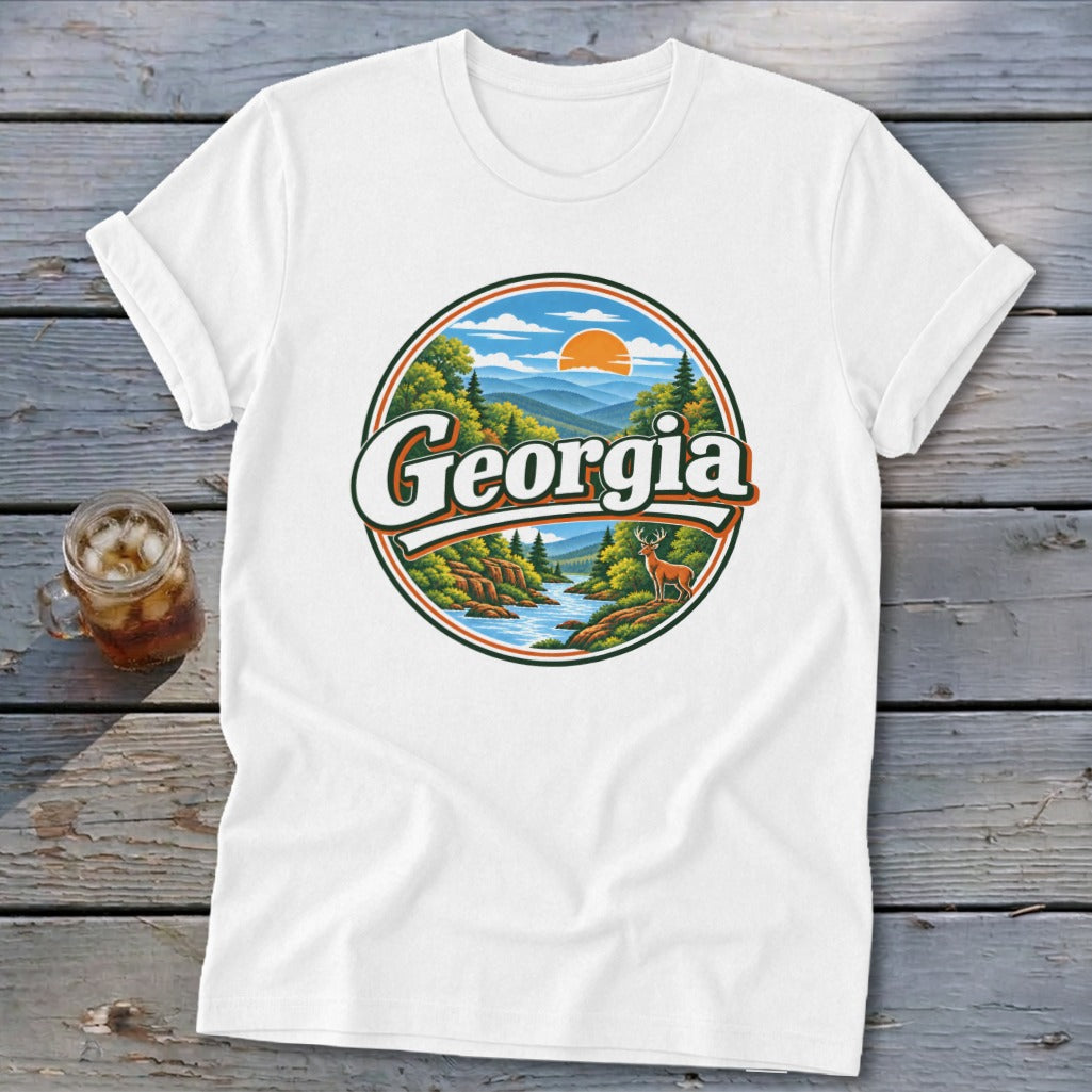 White t-shirt with circular Georgia landscape graphic featuring mountains, river, and deer.