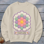 Cream sweatshirt with a hexagon quilt pattern and "Grandmother's Flower Garden" text.