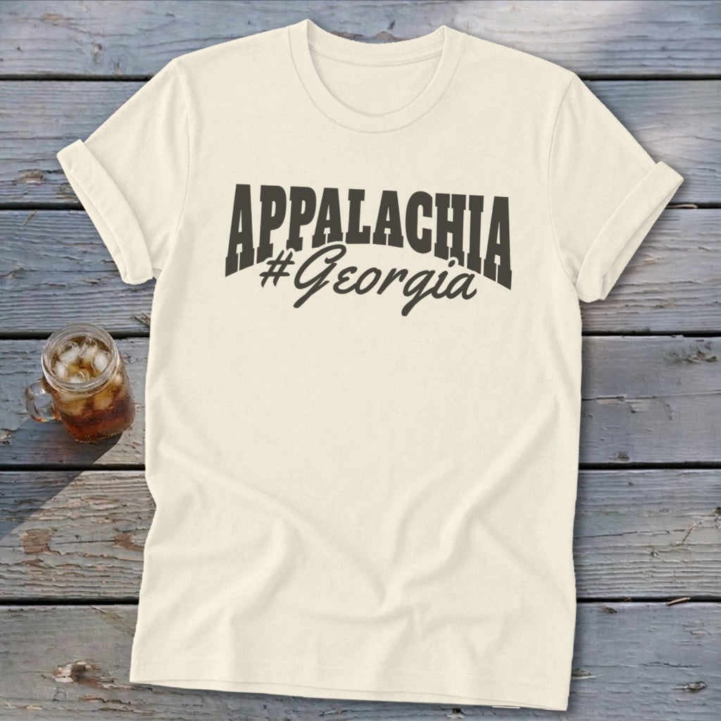 Cream t-shirt with "Appalachia #Georgia" graphic and iced drink.