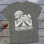 Grey t-shirt with white graphic of a house and trees, reading "Old Home Place".