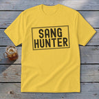 Yellow t-shirt with black text that reads "SANG HUNTER" in a rectangular box.