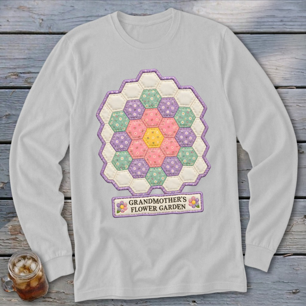 White long-sleeve shirt with a hexagon quilt design and "GRANDMOTHER'S FLOWER GARDEN" text.