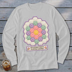 White long-sleeve shirt with a hexagon quilt design and "GRANDMOTHER'S FLOWER GARDEN" text.