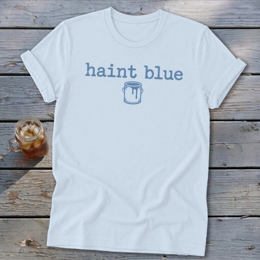 Light blue t-shirt with "Haint Blue" text and a paint can graphic.