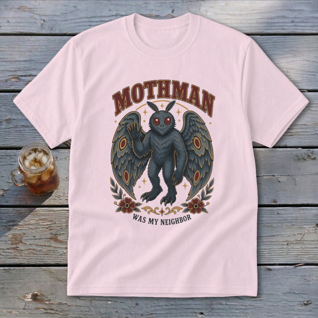 Mothman graphic tee with winged creature and text "Mothman Was My Neighbor."