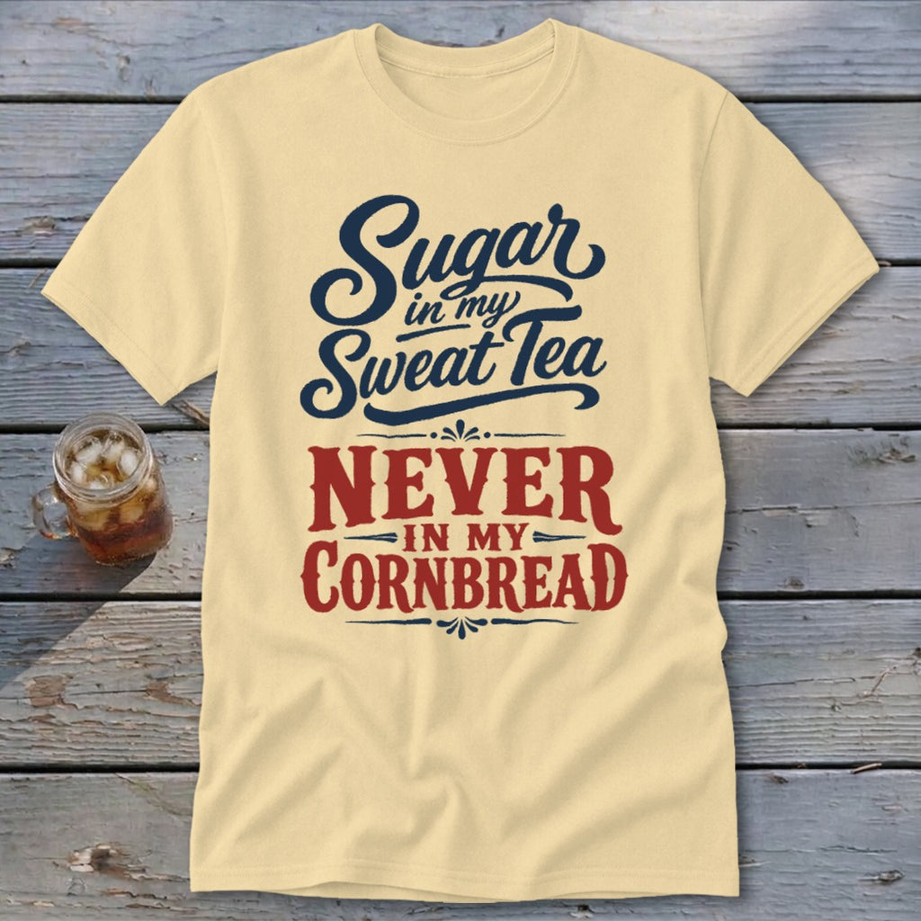 A light yellow t-shirt with blue and red text reading Sugar in my Sweet Tea NEVER IN MY CORNBREAD lies flat on a weathered wooden surface next to a glass of iced tea.