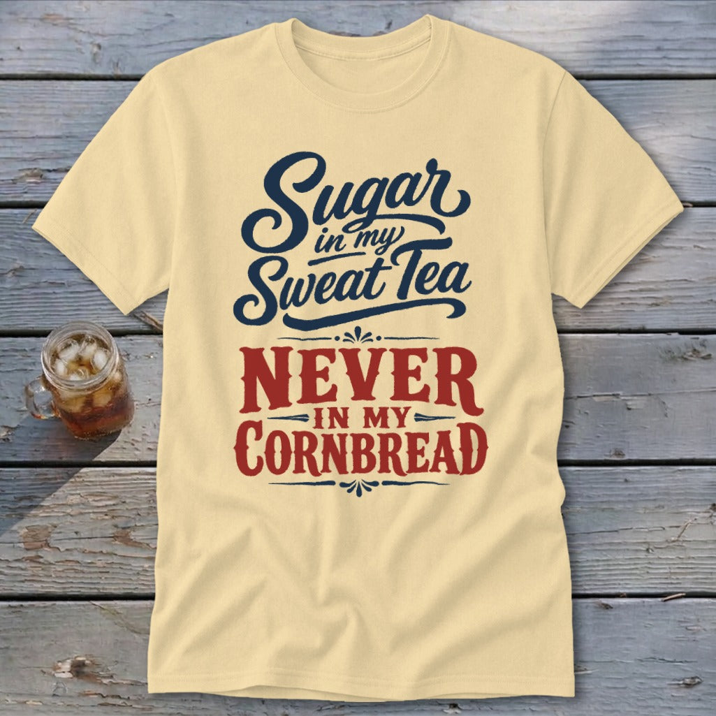 A light yellow t-shirt with blue and red text reading Sugar in my Sweet Tea NEVER IN MY CORNBREAD lies flat on a weathered wooden surface next to a glass of iced tea.