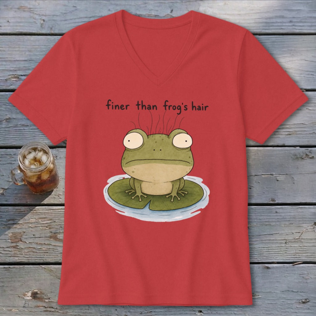 A red V-neck t-shirt featuring a cartoon frog on a lily pad with the text finer than frog's hair.