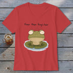 A red V-neck t-shirt featuring a cartoon frog on a lily pad with the text finer than frog's hair.