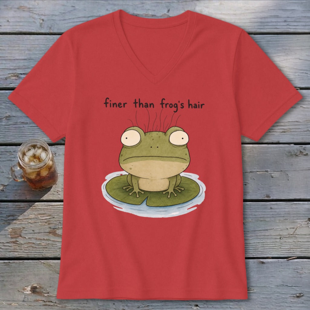 A red V-neck t-shirt featuring a cartoon frog on a lily pad with the text finer than frog's hair.
