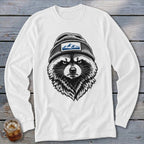 White long-sleeve shirt with a black and white illustration of a raccoon wearing a beanie with a mountain logo.