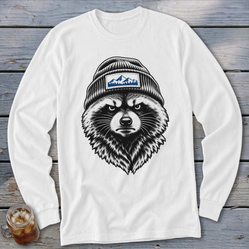 White long-sleeve shirt with a black and white illustration of a raccoon wearing a beanie with a mountain logo.
