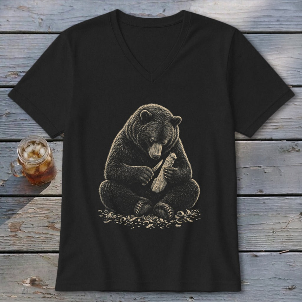 Black v-neck t-shirt with a bear carving wood illustration.